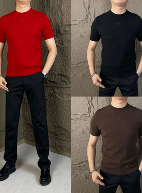 男士大红色短袖毛衣潮男本命年羊毛衫纯色百搭修身半袖针织打底衫