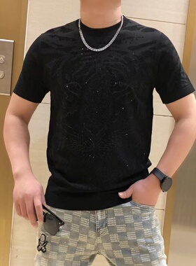 欧货夏季时尚个性虎头烫钻圆领针织短袖男修身百搭冰丝薄款t恤潮