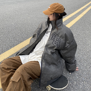 cemoliqiu美式高街冬加厚pu皮棉衣宽松男女oversize刺绣棉服外套