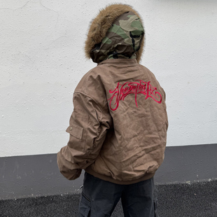 cemoliqiu美式 复古座山雕毛领棉服棉衣男连帽加厚加绒外套男女