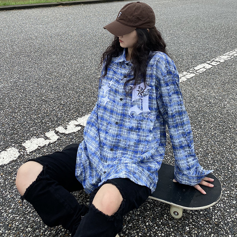 cemoliqiu美式街头扎染水洗格子衬衫外套男女宽松oversize上衣