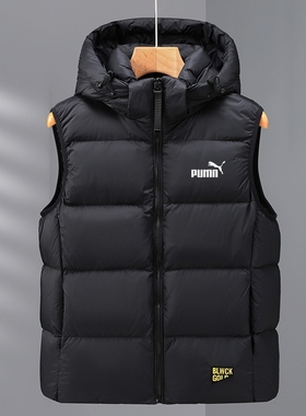 奥莱专柜羽绒马甲男士冬季连帽拉链保暖背心宽松立领白鸭绒外套