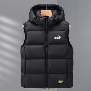 奥莱专柜羽绒马甲男士 连帽拉链保暖背心宽松立领白鸭绒外套 冬季