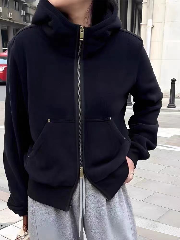 三公主著补6823时尚休闲百搭纯色运动减龄短外套卫衣加绒双拉链