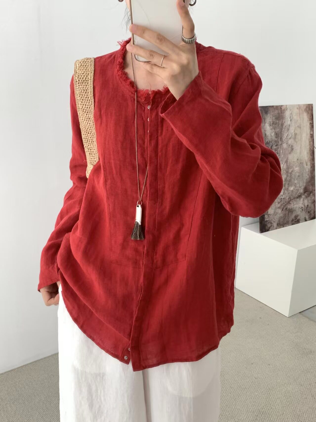 2026新款女装简约休闲款亚麻衬衫衬衣防晒外套外搭开衫红色小衫