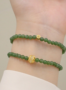 4mm天然碧玉手链女和田玉新中式纯银配件小众轻奢水晶手饰品