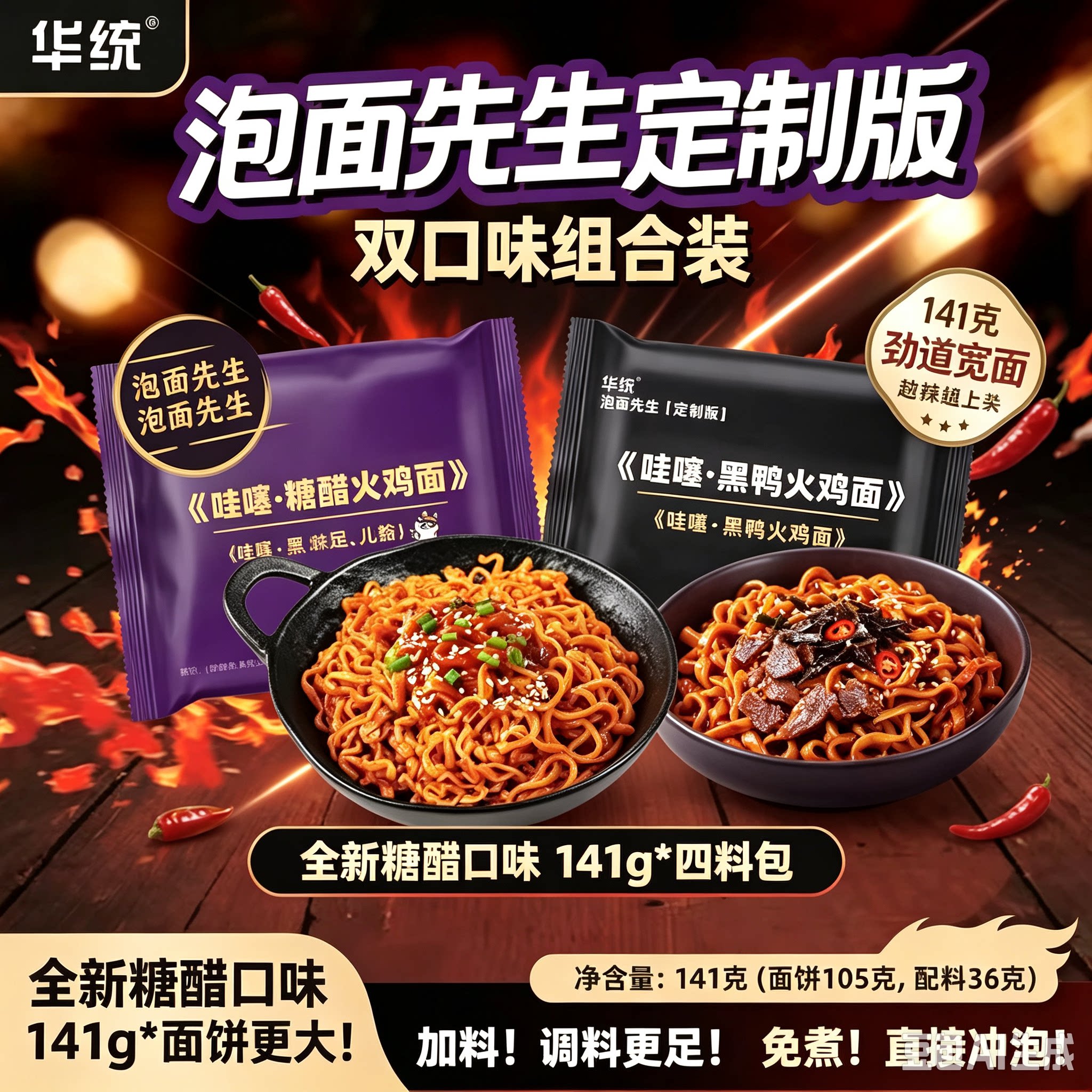 【双拼超绝甜辣组合】泡面先生定制141g方便面素食哇噻面饼火鸡面