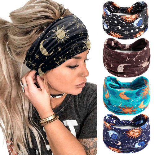 Star Moon Printed Hairband宽版打结运动发带星星月亮印花头带女