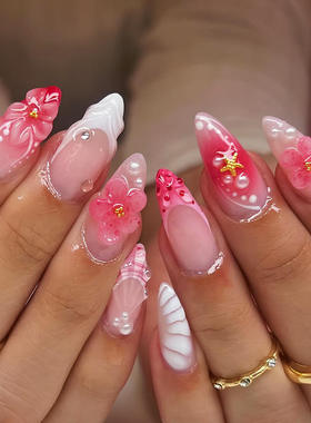 Nail art 3D shell almond fake nails立体雕花贝壳纹杏仁穿戴甲