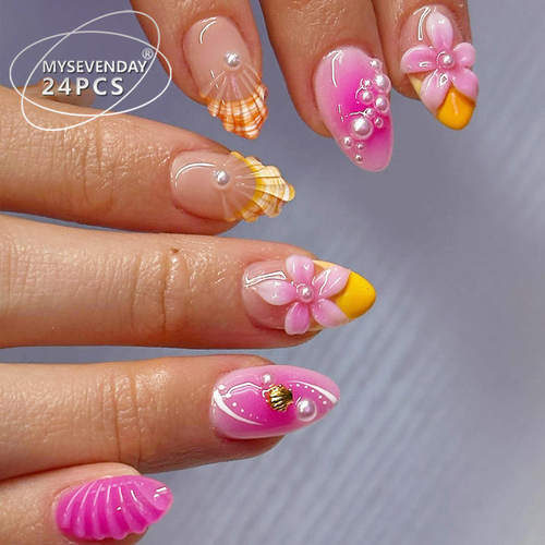 Flower gradient shell women wearing nail art花朵贝壳穿戴美甲