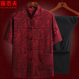 香云纱唐装男士套装短袖上衣桑蚕丝中式盘扣父亲装中老年葫芦衬衫