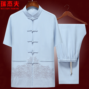 天丝套装 汉服爸爸夏装 中老年人刺绣居士服中式 中国风唐装 男短袖