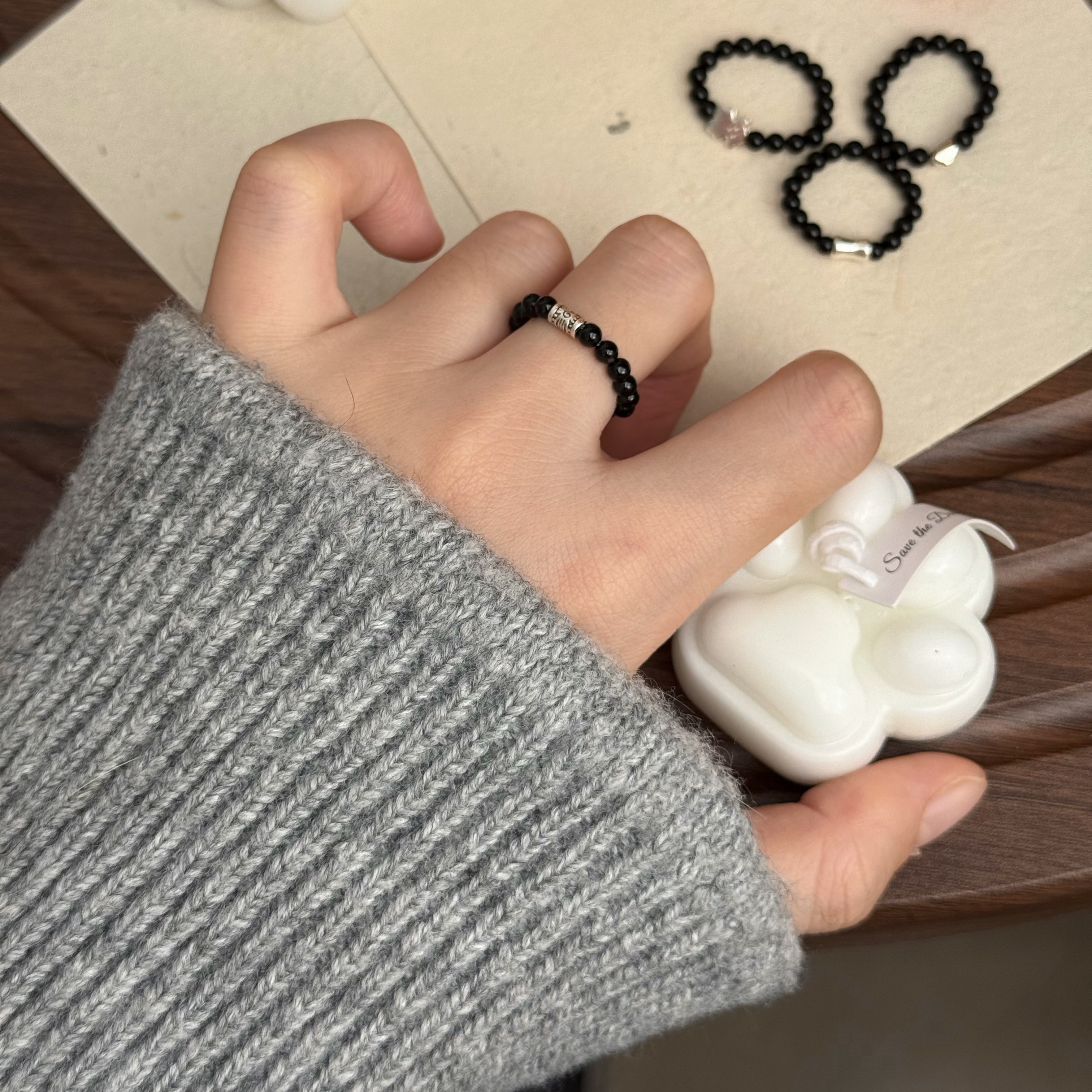 天然黑玛瑙【第五时】925纯银戒指新款ins冷淡指环串珠尾戒女指圈