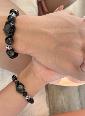 天然银曜石狐狸情侣手串手链礼物