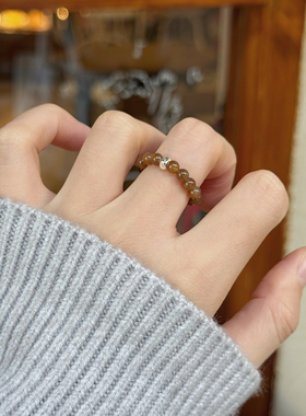 天然糖料和田玉串珠戒指咖色指环