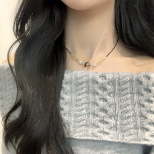 暴富项链【财木逢春】补木天然绿幽灵黄发晶葡萄石小众黑绳锁骨链