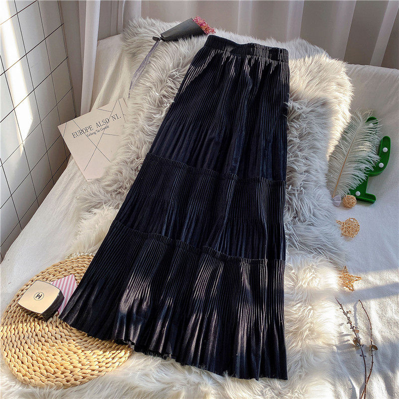 2020秋冬新款百褶半身裙丝绒仙女裙百搭学院风女秋季A字长裙女潮