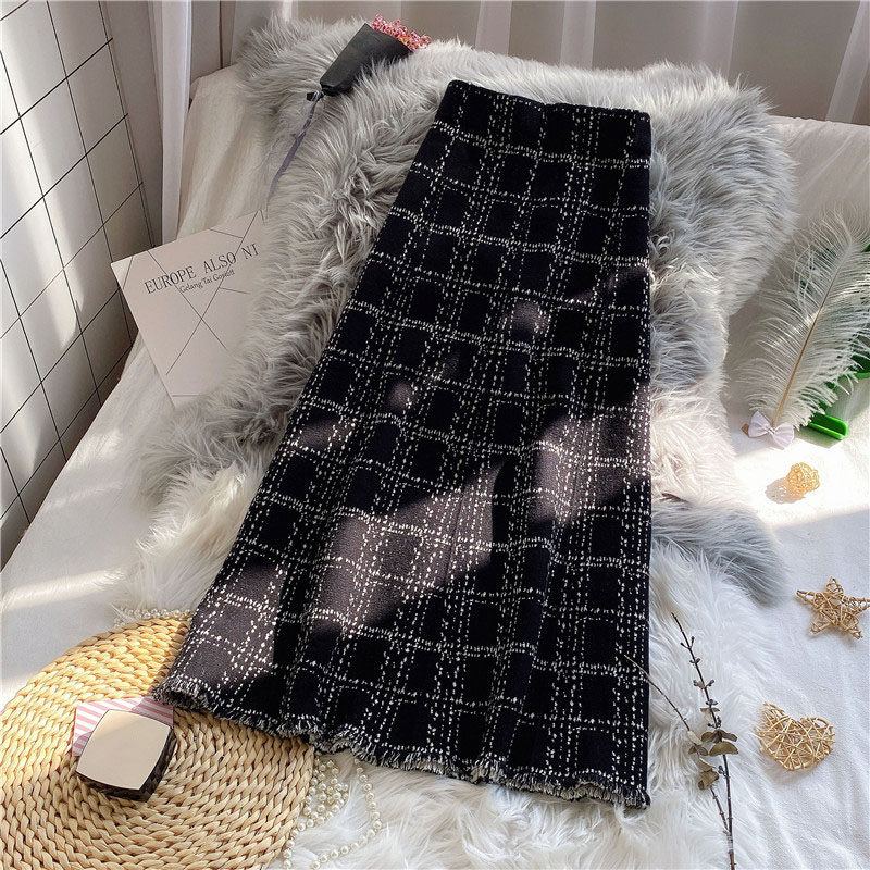 2020秋冬新款小香风格子针织裙中长款高腰半身裙秋季毛呢a字长裙