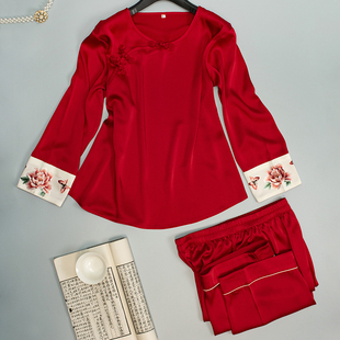 母亲节中式古风真丝睡衣套装女苏绣盘扣醋酸丝绸中国风家居服礼物