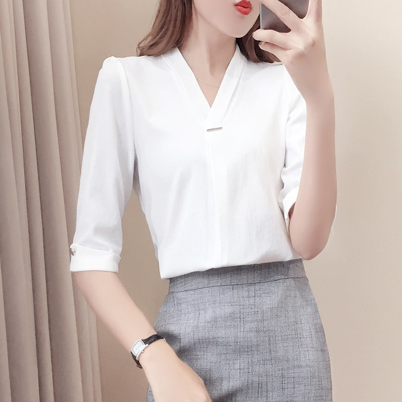 白色衬衫女装韩版V领工作服职业面试衬衣2020秋正装休闲商务套装|ruв категории Женская одежда, рубашка - от Buy2taobao.com для оказания профессиональной услуги покупки агента Taobao