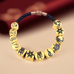 粗5毫黑皮绳手绳男士刺青酷黑转运珠镀金仿黄金手链男生装酷神器