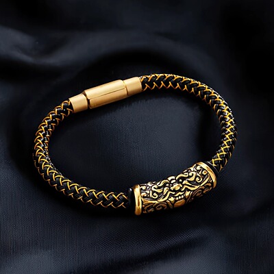 黄金饕餮黑金钢丝手绳手链粗5毫