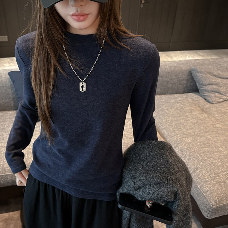 天丝羊毛混纺小立领秋冬季内搭打底衫女长袖纯色百搭磨毛加厚上衣