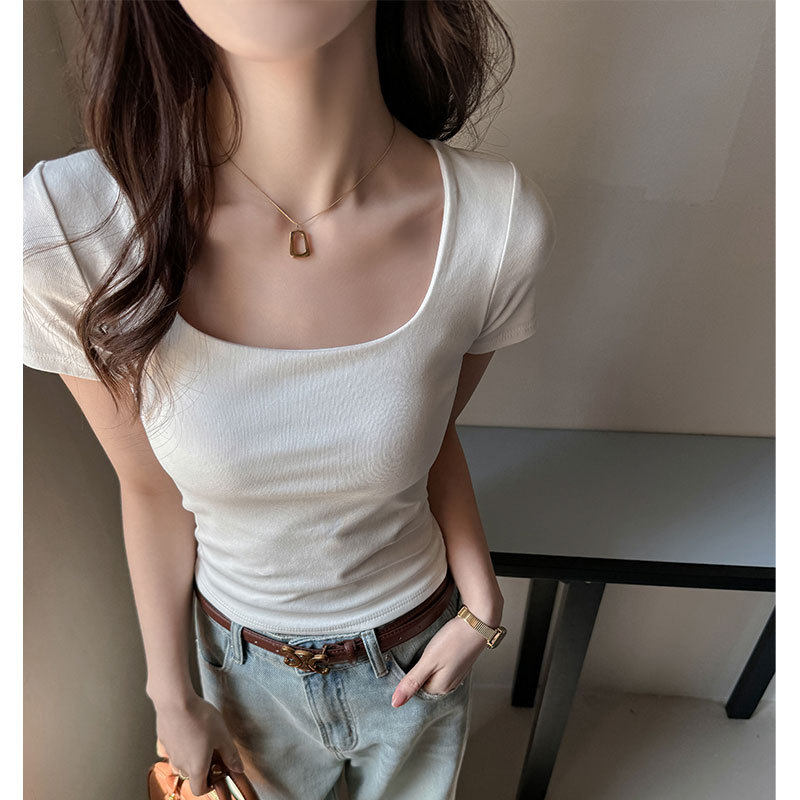 严选白色方领基础款短袖t恤女夏修身露脐短款辣妹性感上衣高级感