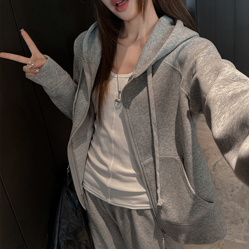 严选韩系连帽卫衣外套女秋冬季时尚休闲宽松慵懒感运动风外穿上衣
