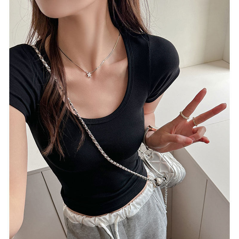 春夏基础款大圆领短袖t恤女修身显瘦高级感正肩纯色简约打底上衣