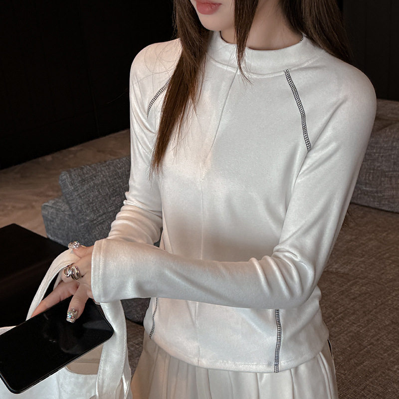 严选小立领打底衫女秋冬修身磨毛设计感拼接长袖可外穿韩系上衣