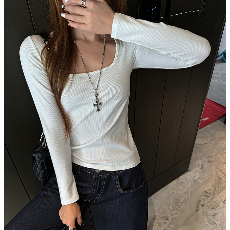 莫代尔螺纹方领长袖正肩t恤韩系女装秋冬季纯色可外穿打底衫内搭