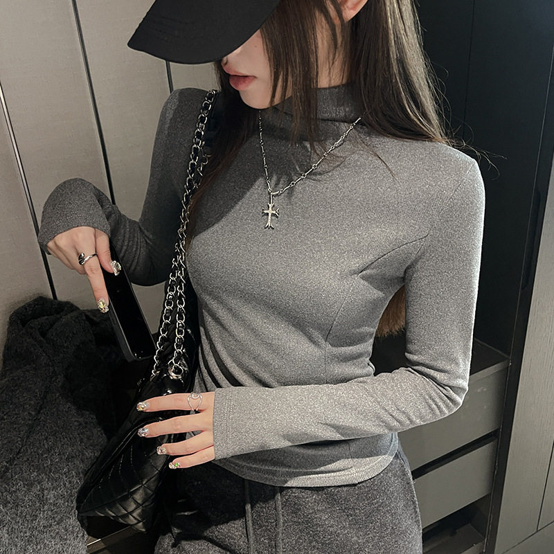 W性感辣妹半高领打底衫女正肩收腰显瘦高级感韩系百搭简约长袖t恤