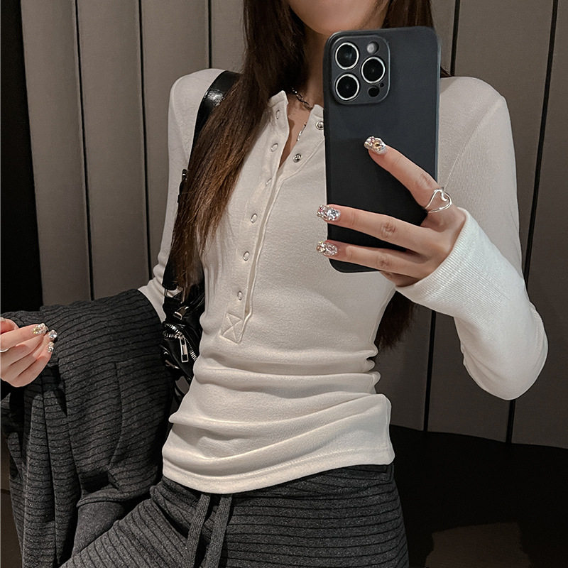 秋冬季仿羊绒纽扣设计感半开领正肩t恤韩系女装内搭打底衫可外穿