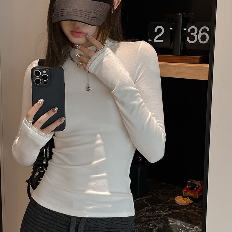 严选白色纯欲风长袖t恤女秋冬设计感拼接花边袖韩系打底外穿上衣