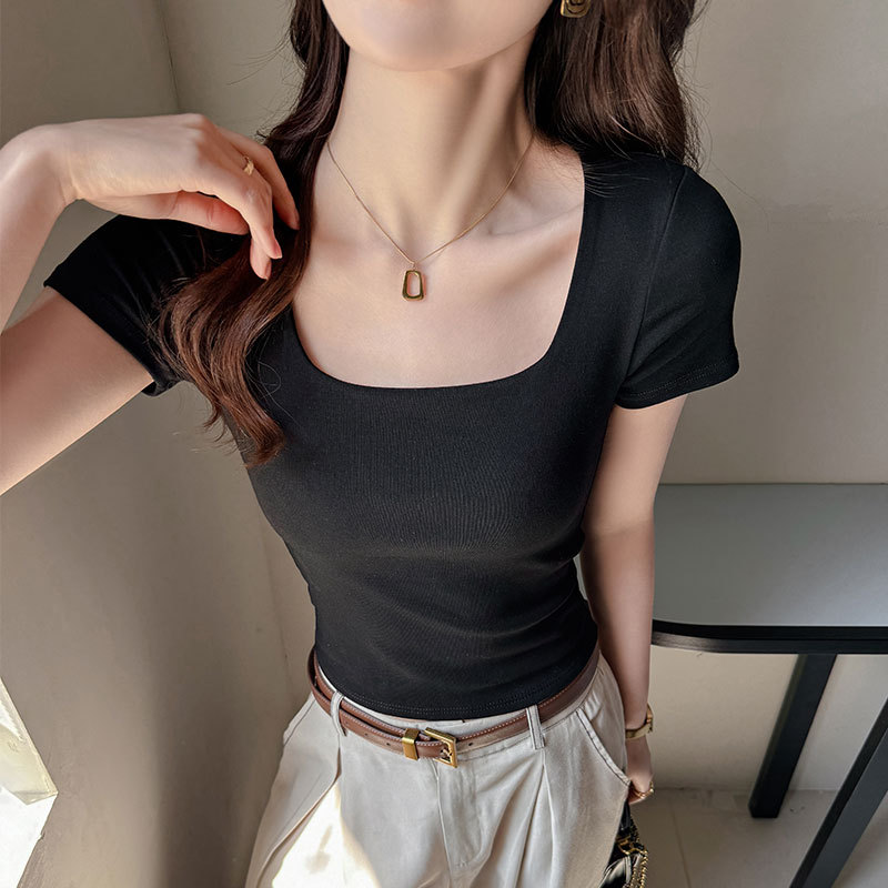 正肩黑色方领短袖T恤女夏短款露脐高级感辣妹时尚修身大领口上衣