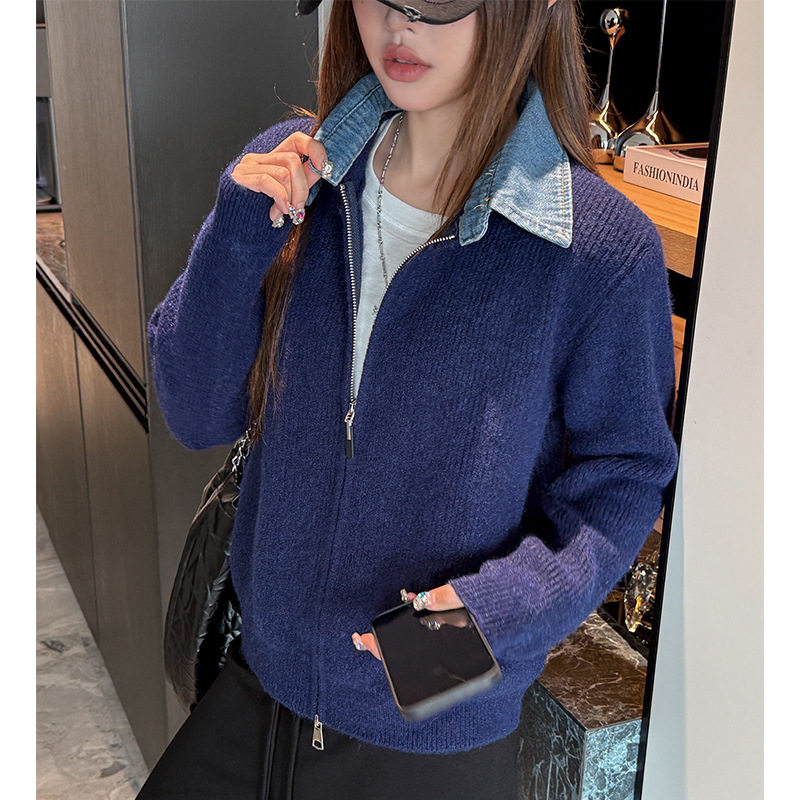 严选秋冬新款牛仔拼接毛衣女2026小众设计感拉链针织开衫翻领外套