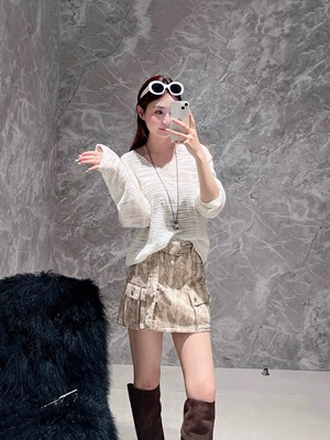 正品2026春新品棉麻乱麻竹节肌理微透V领罩衫针织衫 MBF1SWT027