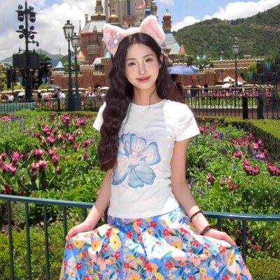 官方BESOBER蓝花印花短袖T恤女