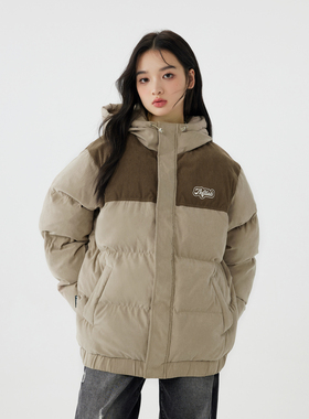 美式复古潮牌冬季刺绣灯芯绒保暖宽松休闲情侣连帽棉服外套男女