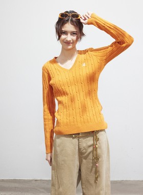 BESOBER原创橙色V领麻花毛衣女秋韩系休闲修身显瘦长袖针织衫上衣