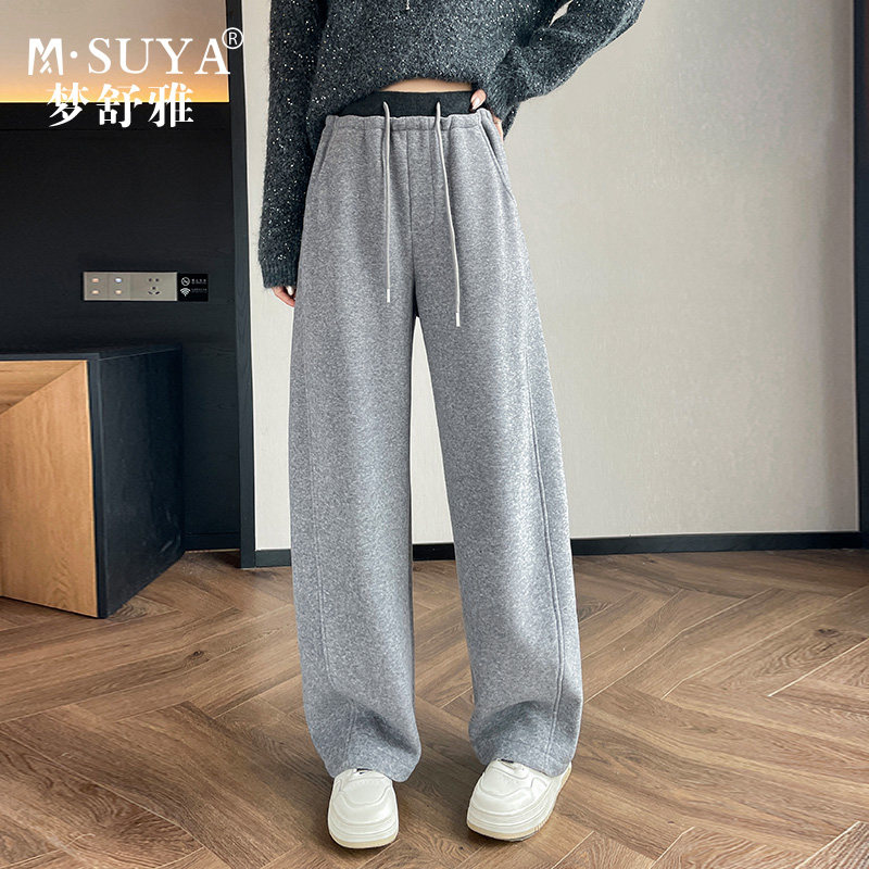 梦舒雅加绒休闲裤女冬季新款拼接松紧高腰显瘦百搭厚款阔腿弯刀裤