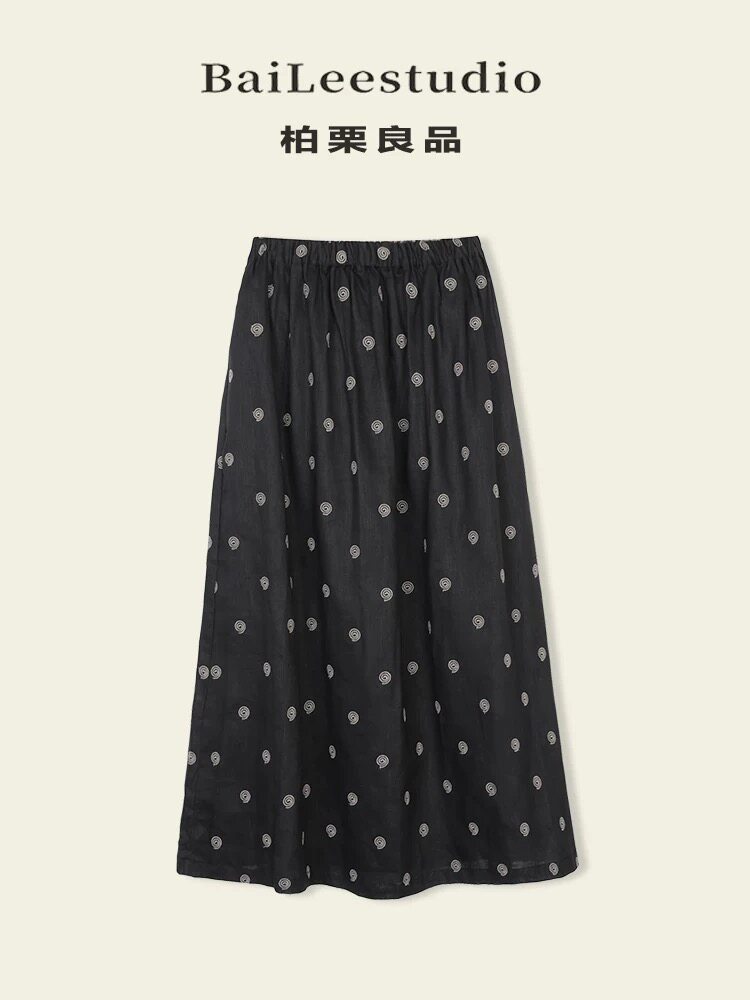 【柏栗良品】复古波点亚麻半身裙女2026夏季新款显瘦松紧腰裙子