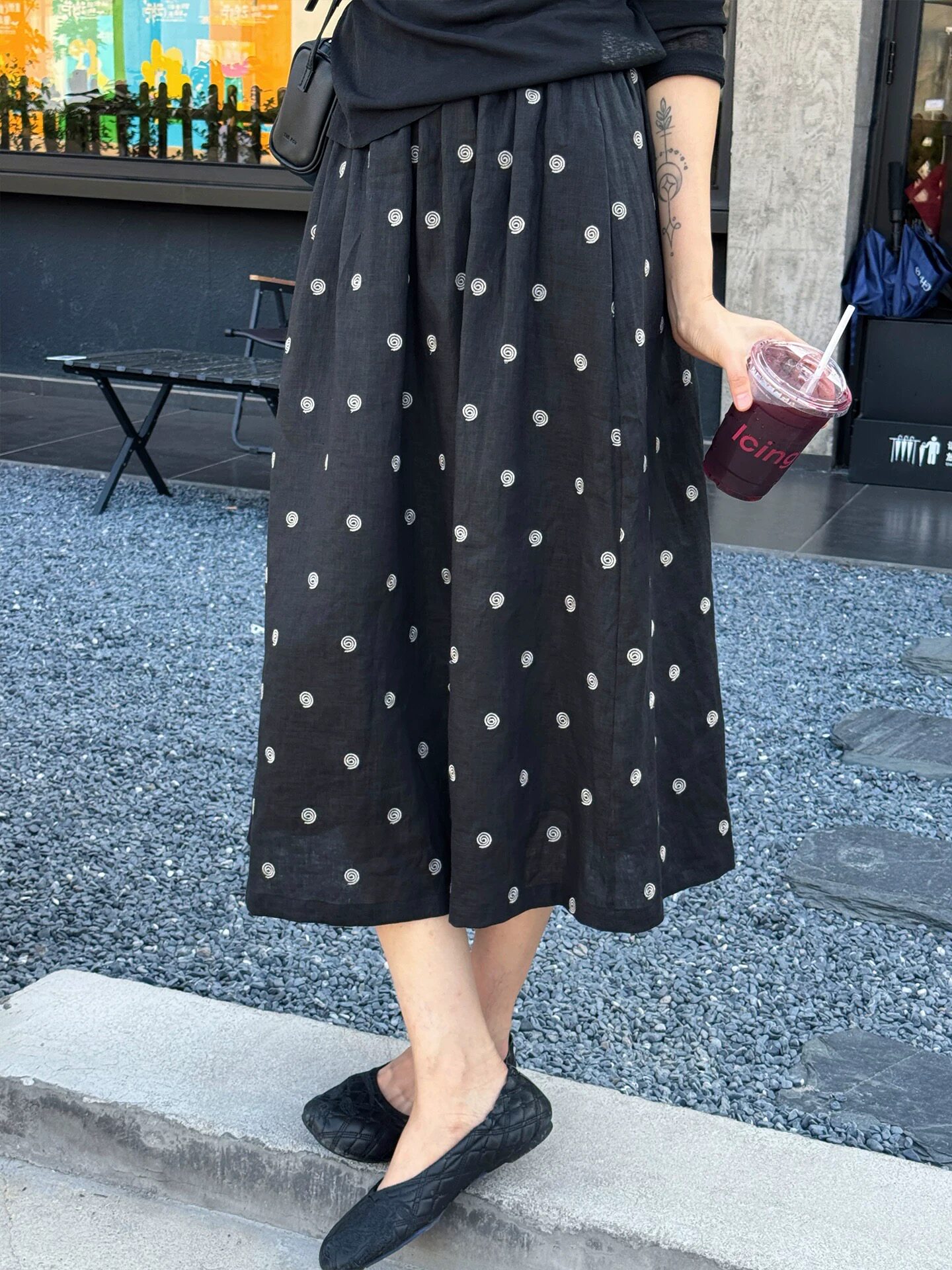 周浪清亚麻波点a字半身裙女2026新款夏季小个子黑色薄款刺绣裙子