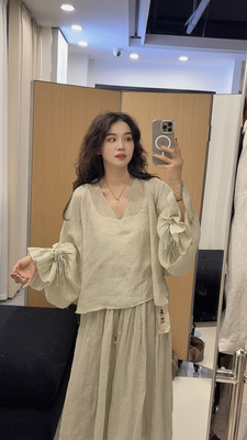 【傍晚女装】仙气感 薄如蝉翼天然苎麻V领系带花边袖口短款上衣