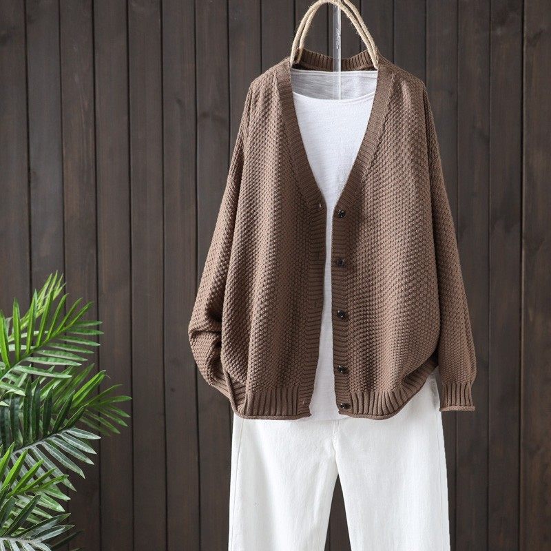 木子原创复古时尚菠萝针织毛线开衫上衣宽松v领长袖女士毛衣外套