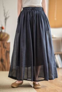 高支苎麻中长半身裙女春夏款文艺纯色大摆裙双层A字裙子