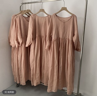 裙长120胸围120 带内衬苎麻连衣裙 JIAN.XU 纯色心形领系带灯笼袖