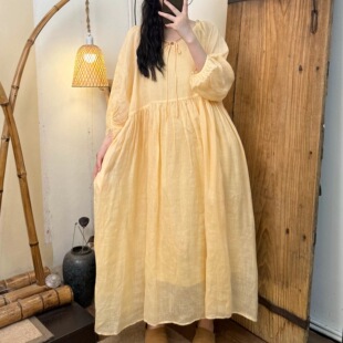 裙长120胸围120 带内衬苎麻连衣裙 JIAN.XU 纯色心形领系带灯笼袖