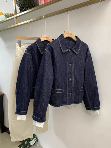 miluroom水洗复古牛仔外套女2025春装新款格子袖拼接短款上衣